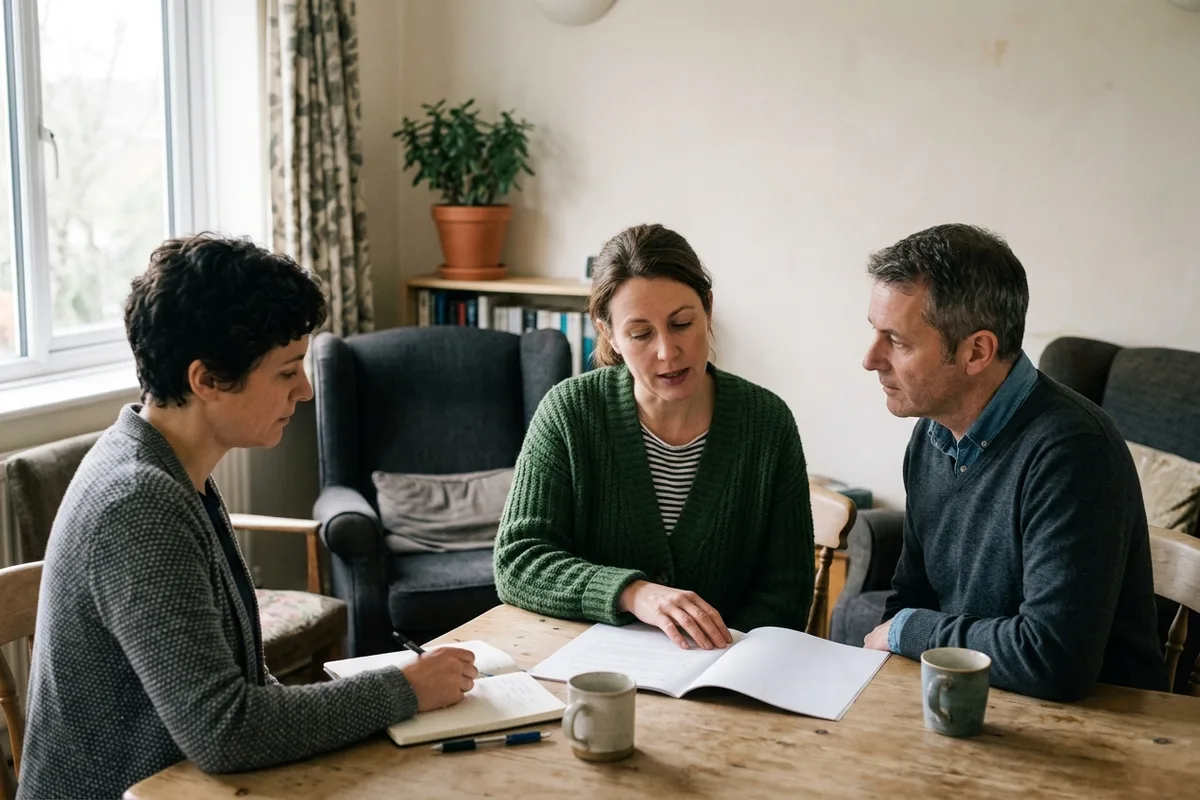 Three people at a table with an open document, one taking notes