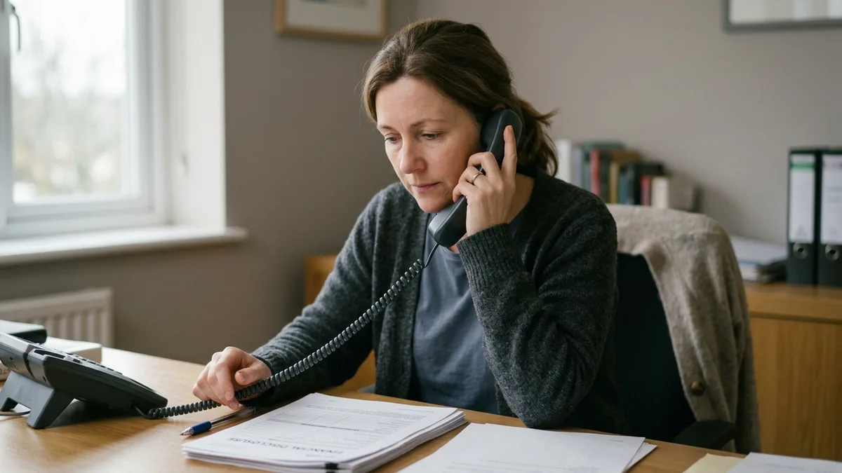 A woman on a landline telephone at a desk, papers in front of her