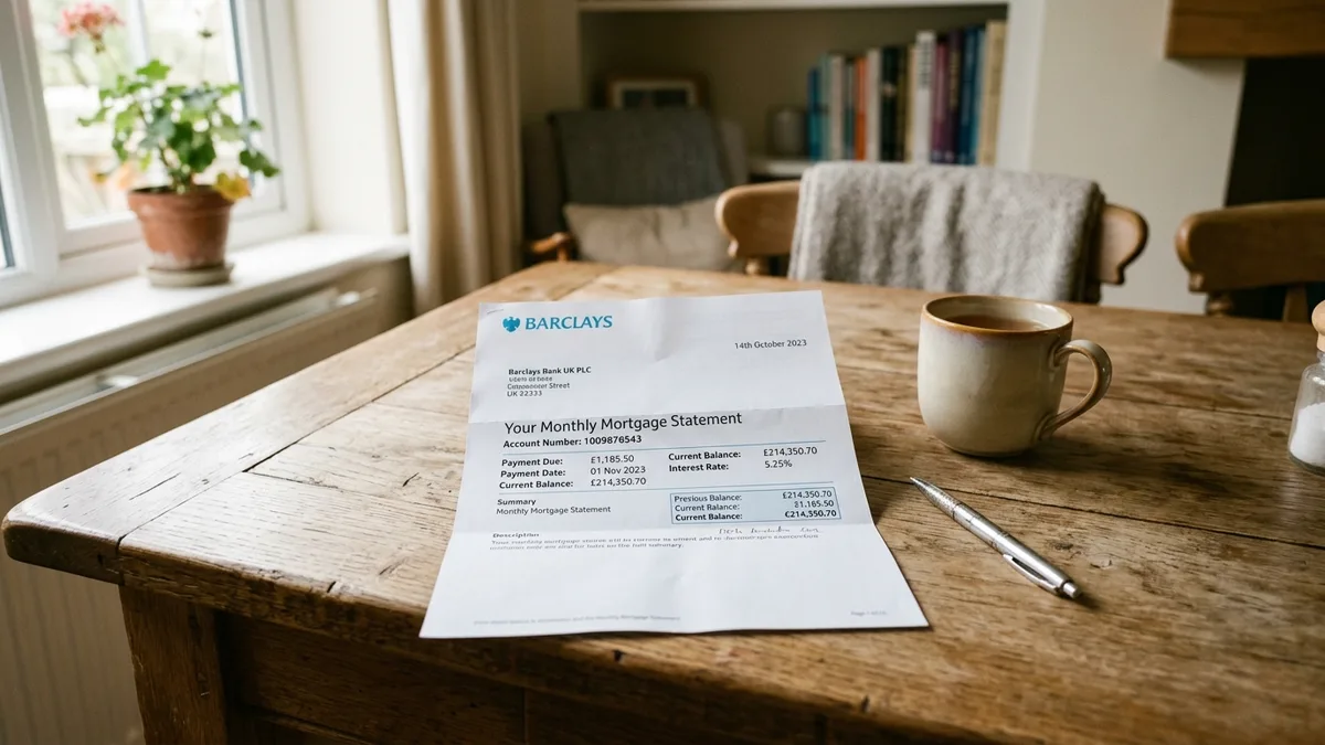 A monthly mortgage statement and a mug on a table by a window