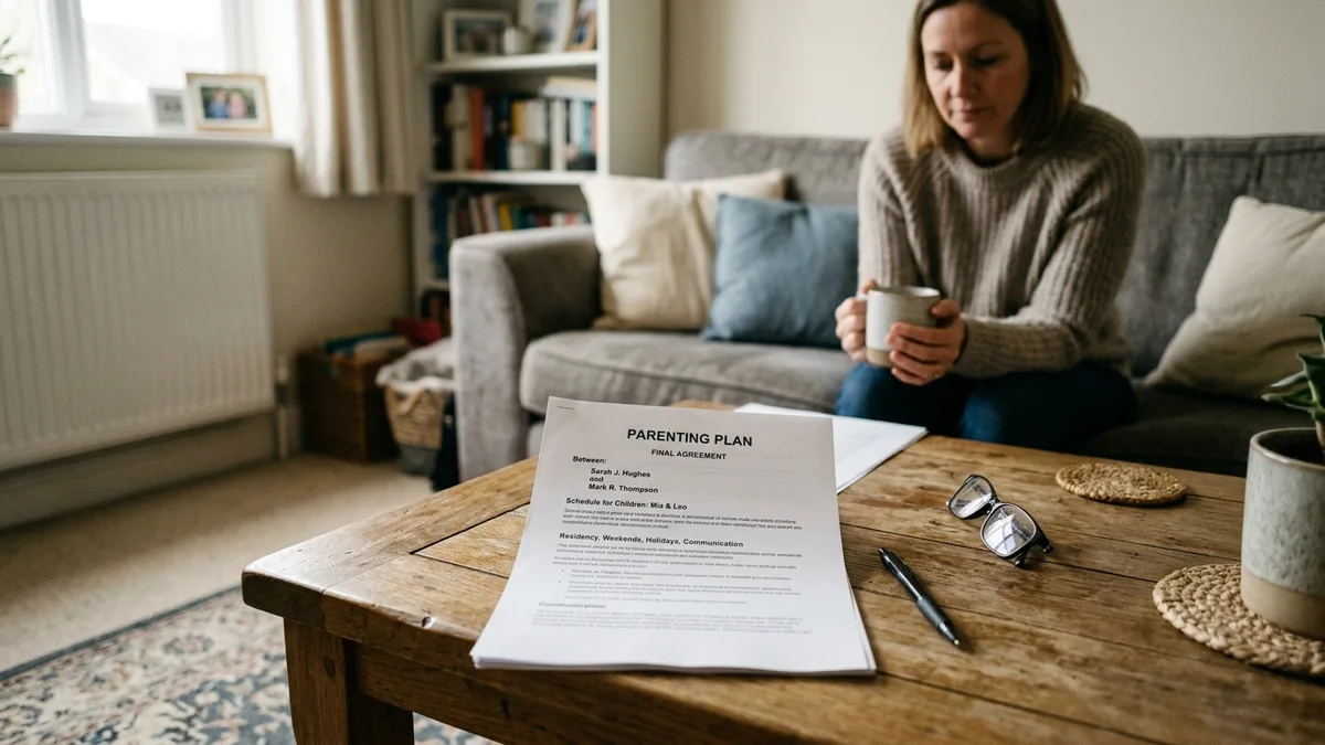 A signed parenting plan on a coffee table, a woman with a mug on the sofa behind