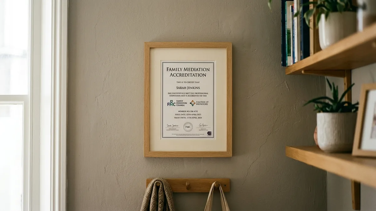 A framed family mediation accreditation certificate on a wall
