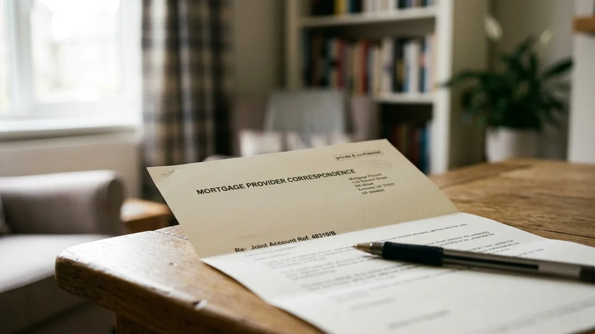 Mortgage provider correspondence in an open folder on a table