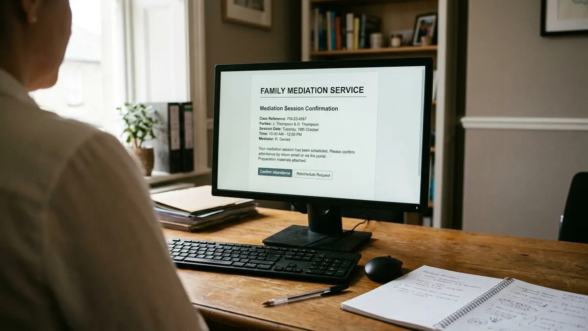 A monitor showing a mediation session confirmation, an adviser at the desk