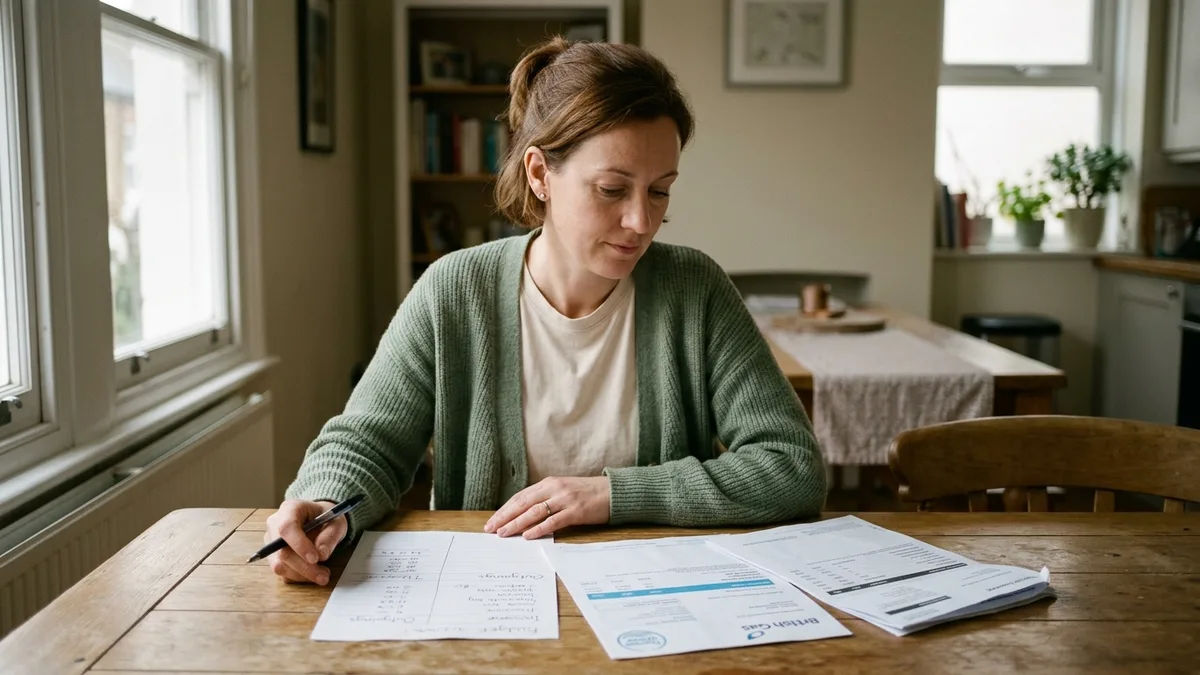 A woman working through payslips and bank statements at a dining table